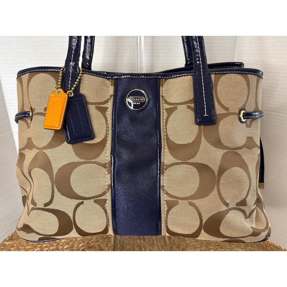 Coach Signature Canvas Navy Patent Leather Trim Tote Bag Khaki - see pics